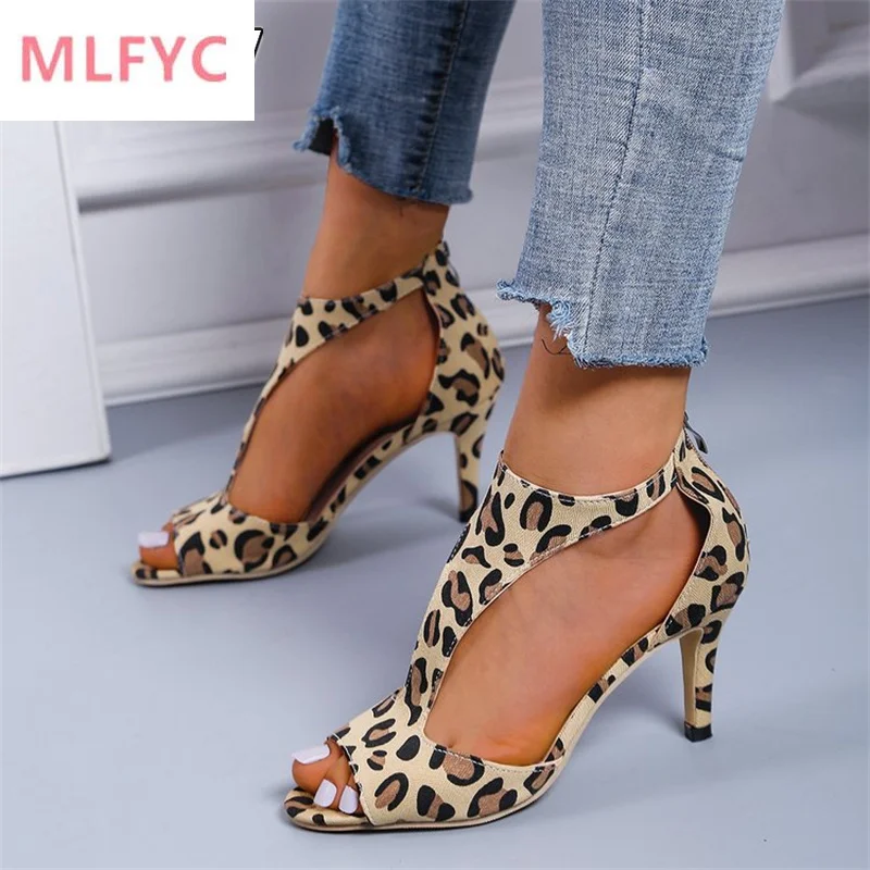 

New fashion sexy stiletto fish mouth shoes women's summer large size zebra print leopard print bag heel high-heeled sandals