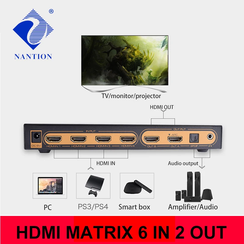 6x2 HDMI матрица PIP 6X2 аудио экстрактор ARC 4K/30 Гц Матрица 6 в 2 Выключатель сплиттер с