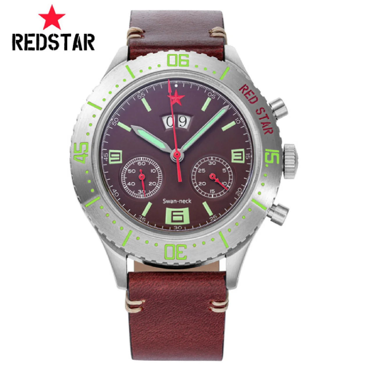 

Top RED STAR 1963 Mens Big Calendar Luminous Chronograph 43mm Military Mechanical Watche Pilot Sea-Gull ST1931 Movement Swanneck