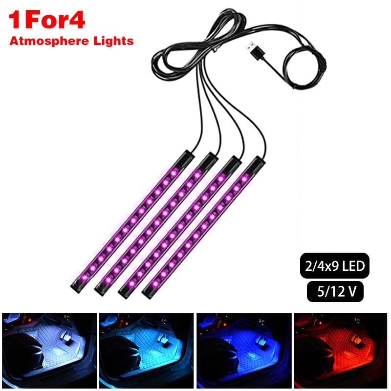 

12V Car Interior Backlight Ambient Mood Foot Light with Cigarette Lighter USB Decorative Atmosphere Lamp Car Accessories