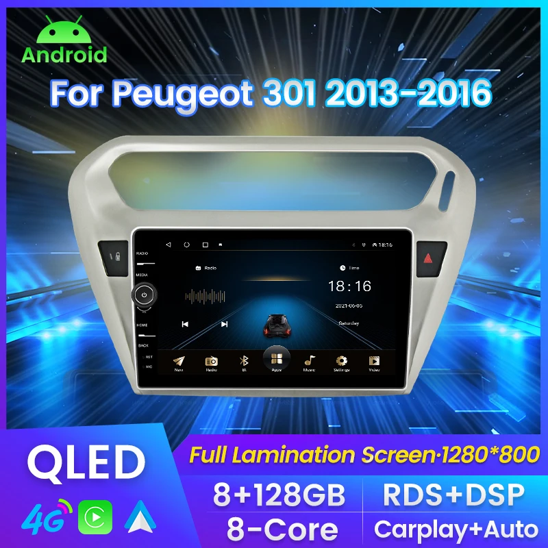 Android QLED Screen Carplay+Auto 8+128G Car Radio For Peugeot 301 2013-2016 Multimedia Player GPS Navigation WIFI 4G LTE RDS DSP