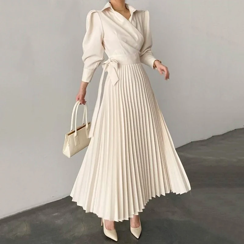 

Women Fashion Lapel V-neck Long Dress Autumn Elegant Tie-up Waist Pleat Party Dress Spring Casual Long Sleeve Solid Cover Up
