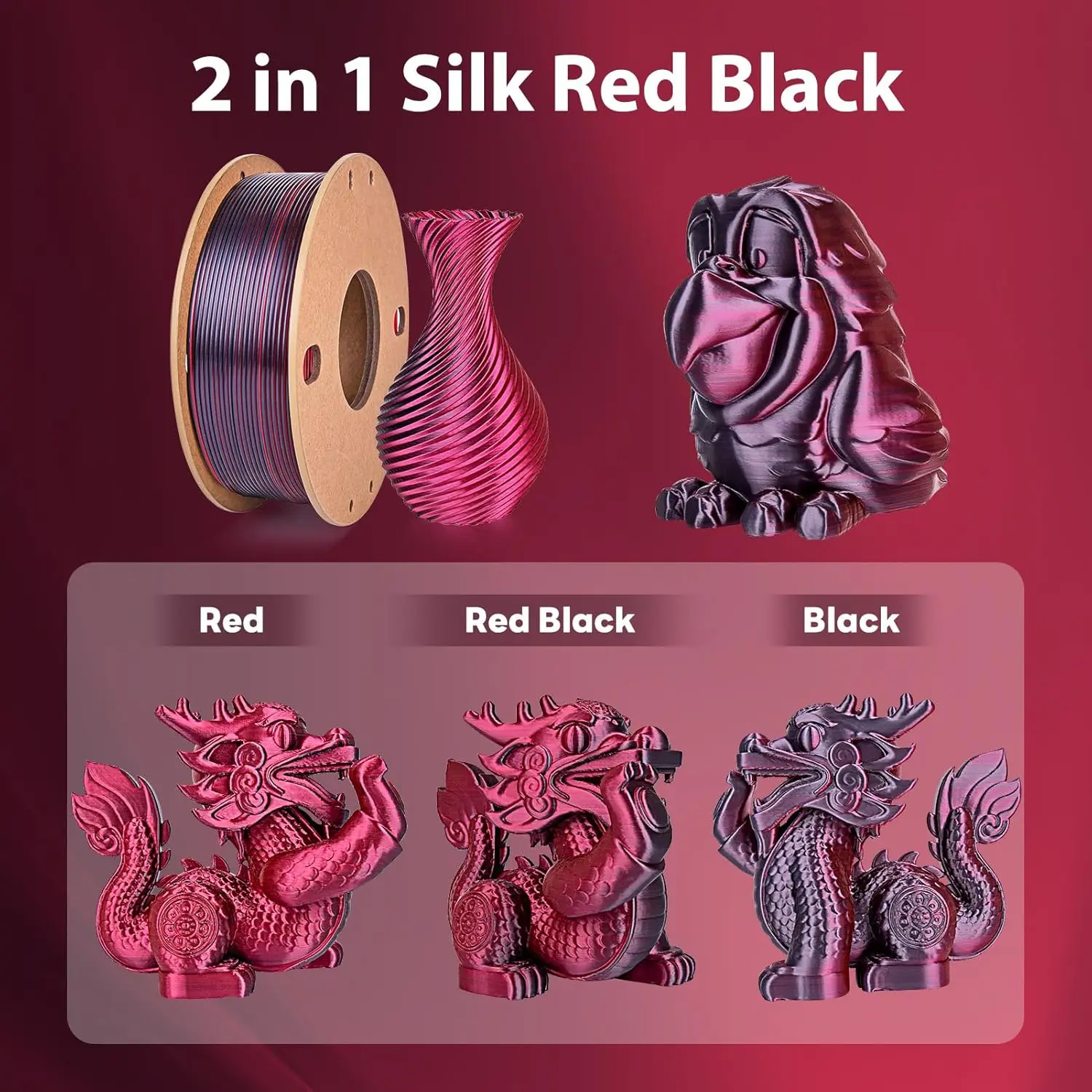 Фото Шелковый PLA филамент для 3D принтера, 1.75 мм, Dual/Triple Color, катушка 250 г, без запутывания, глянцевый, подходит для большинства FDM принтеров №2
