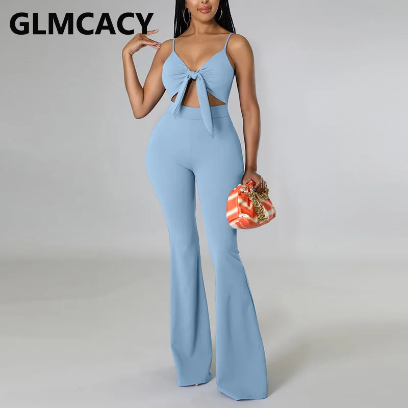 

Women Spaghetti Strap Tie Front Sexy Jumpsuit Summer Flare Pants Overalls