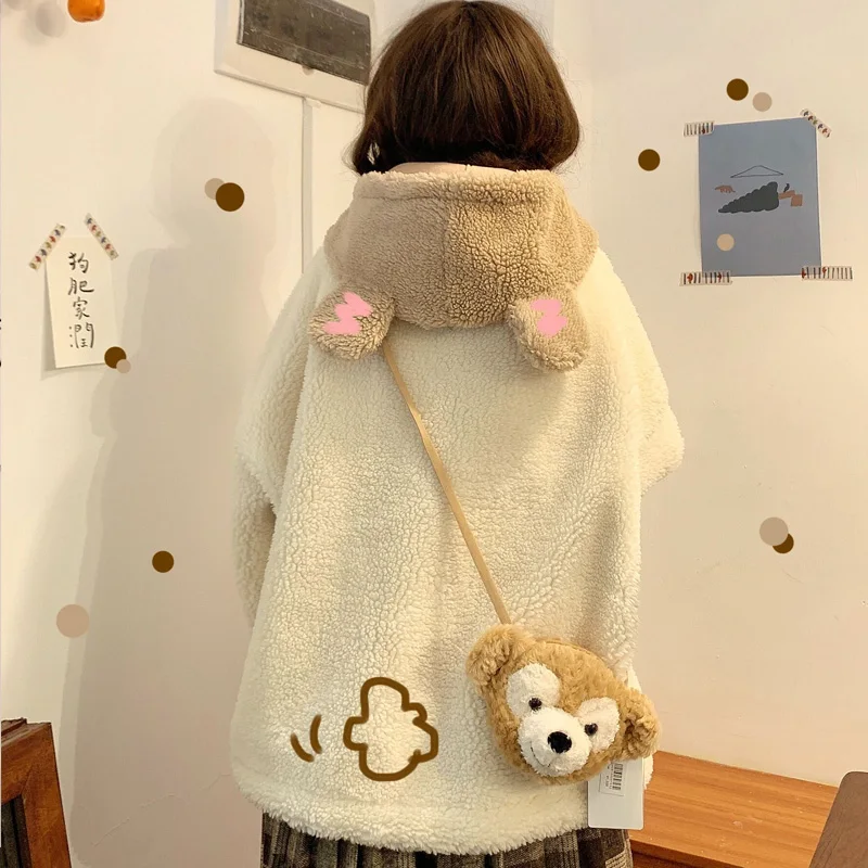 Winter Jacket Kawaii Little Bear Ears Hooded Lambswool Coats Cute Girl Full Sleeve Single-Breasted Lolita Outweare For Women Y2k