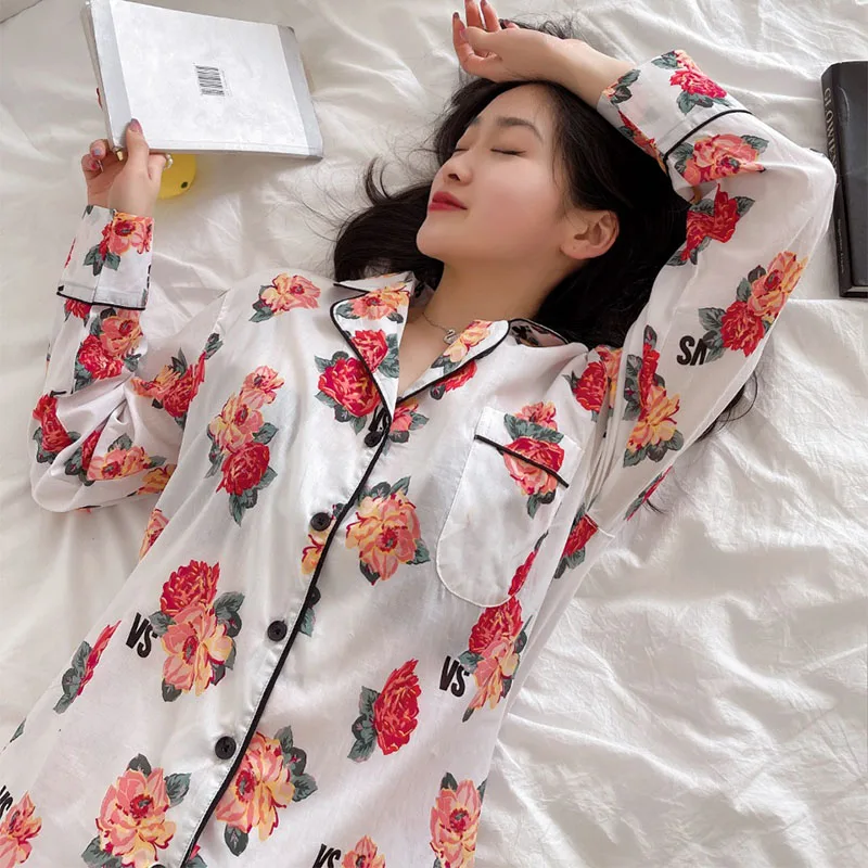 

Cotton Pajamas for Women Cute Flower Floral Sleepwear Pijamas Summer Autumn Long Sleeved Casual Home Clothes Loungewear 2022