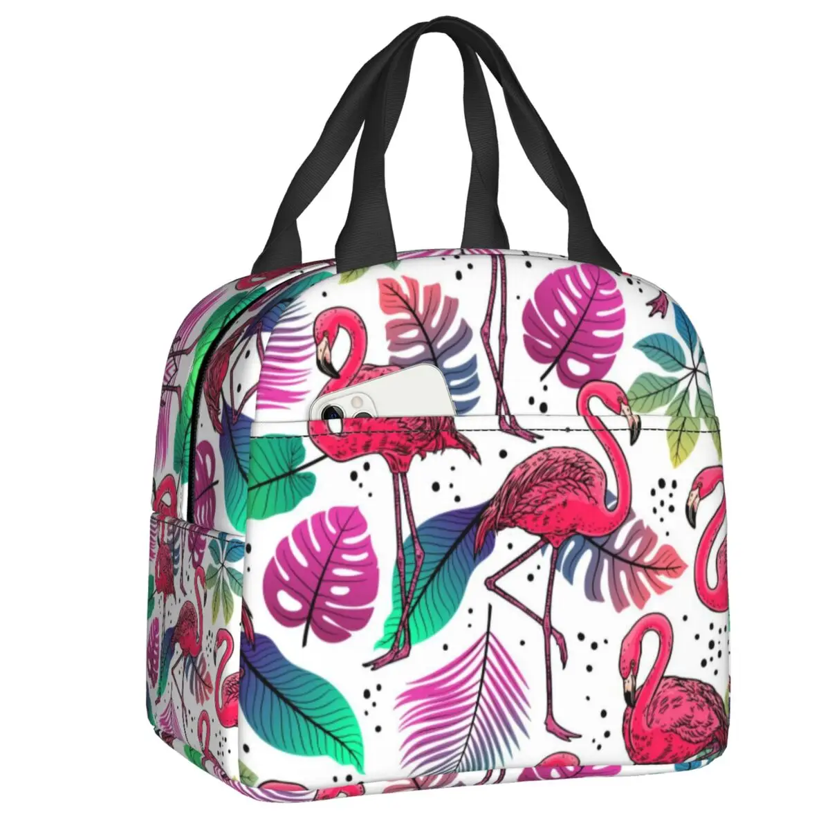 

Flamingos And Palm Leaves Thermal Insulated Lunch Bags Women Tropical Pattern Resuable Lunch Tote for Outdoor Picnic Food Box