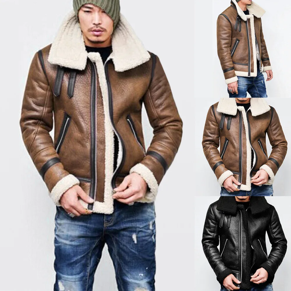 Leather Jacket Men Autumn Winter Highneck Warm Fur Liner Lapel Motorcycle Zipper Windbreaker Outwear Top Casual Male Coat