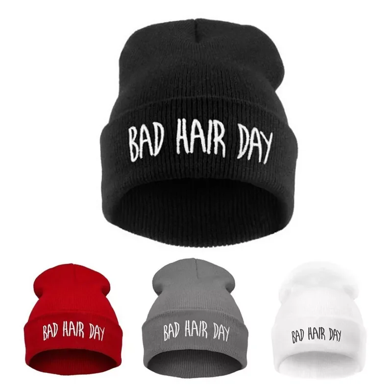 

Fashion Sport Warm Winter Hats Bad Hair Day Letter Beanies Cap Women Men Hat Beanie Knitted Hip Hop Hats Bonnet for Unisex