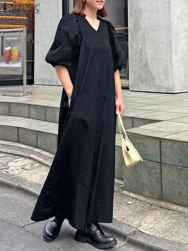 

Осенний женский сарафан ZANZEA, модное однотонное свободное Макси-Платье с V-образным вырезом и длинным пышным рукавом, кафтан, платье-рубашка, ...