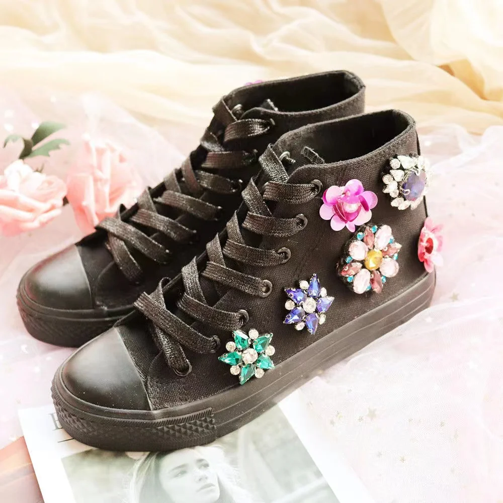 

Summer High Top Women Sneakers Black Canvas Shoes Fashion Casual Shoes Lady Handmade Custom Pearl Flowers Black Flats Size 44