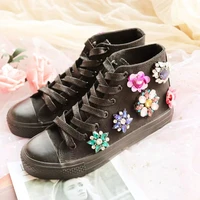 summer high top women sneakers black canvas shoes fashion casual shoes lady handmade custom pearl flowers black flats size 44