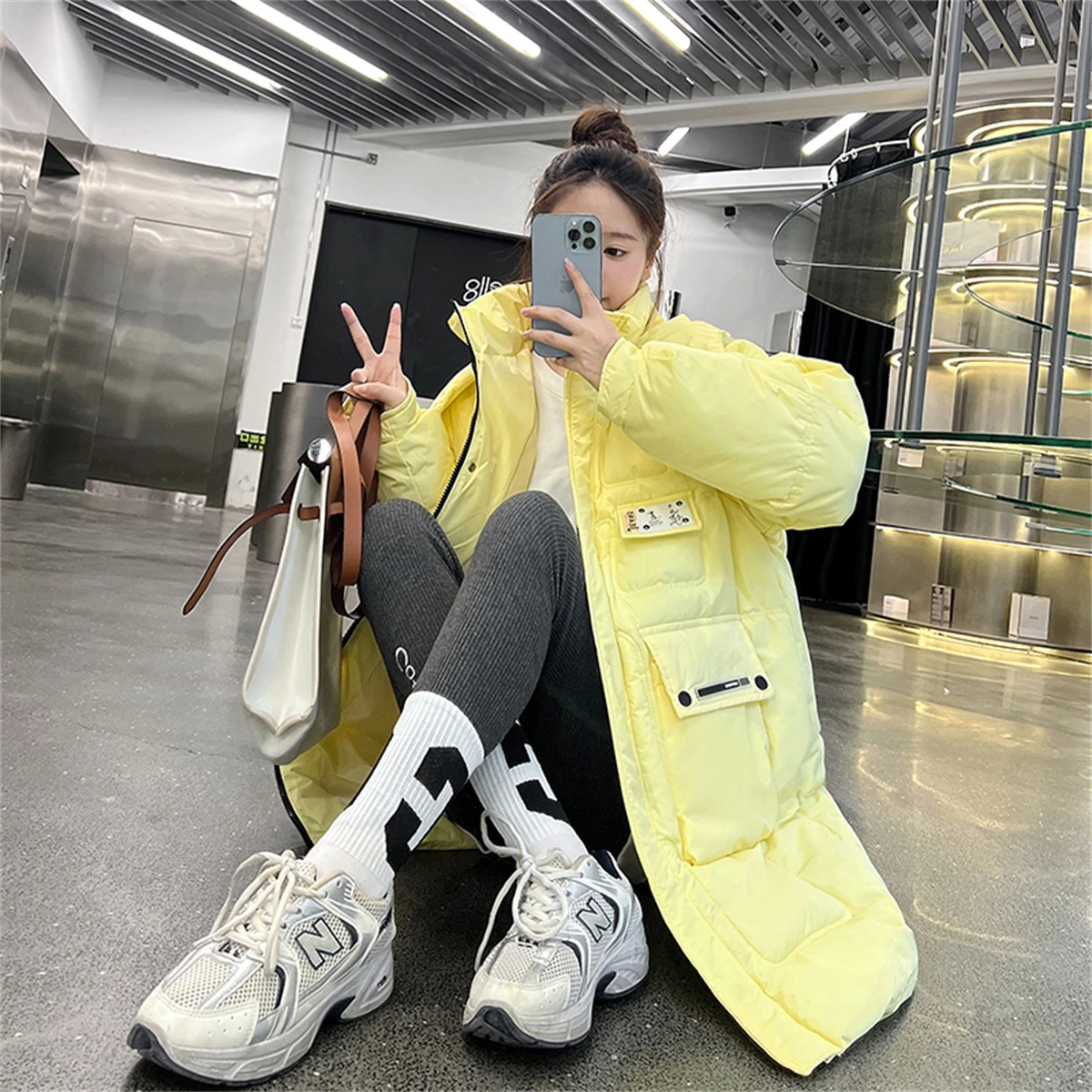 2022 Winter New Korean Zipper Stand Collar Cotton Shirt Women's Long Sleeve Loose Medium length Large Brand Down Cotton Coat