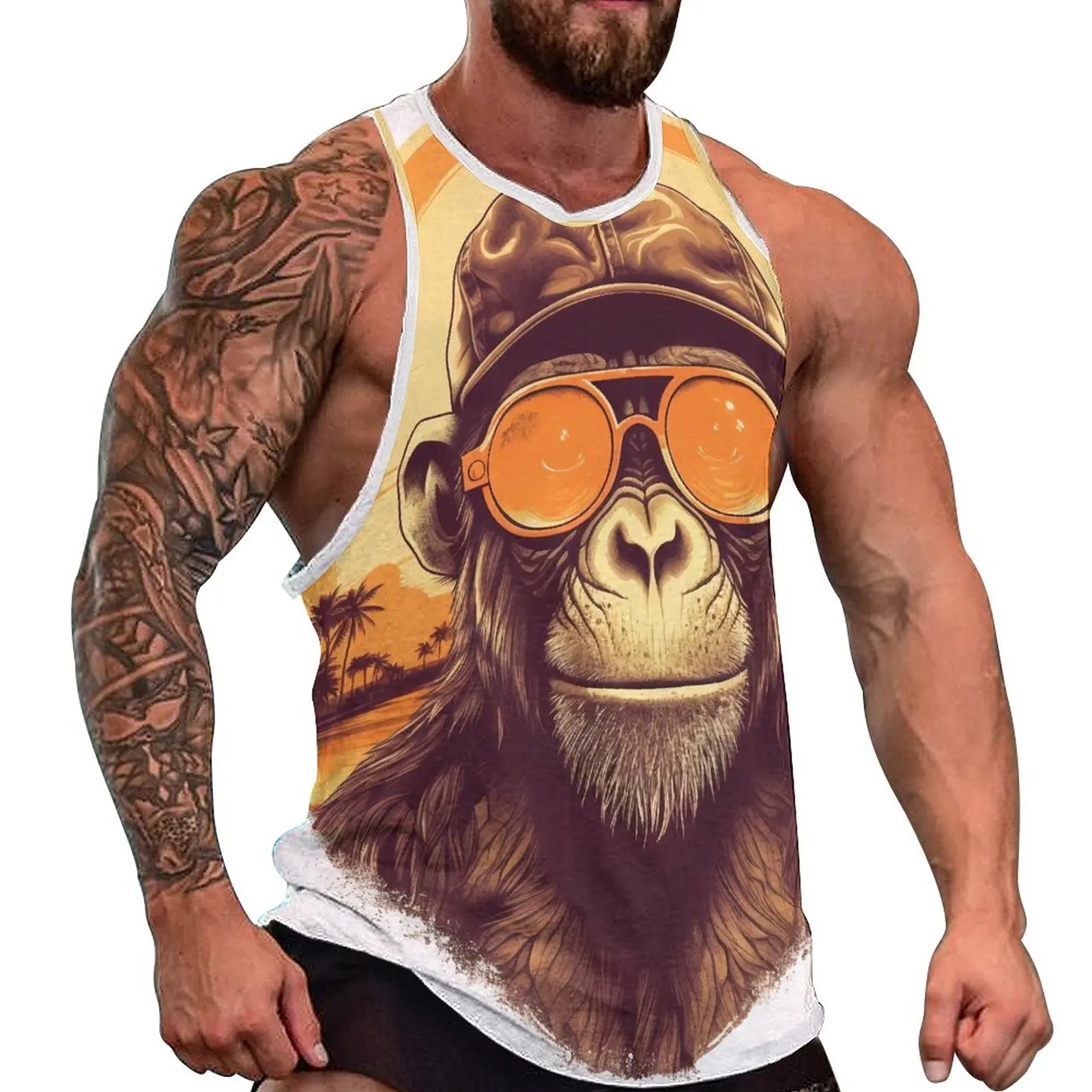 

Monkey Tank Top Males Sunset Animals With Sunglasses Training Oversize Tops Summer Trendy Graphic Sleeveless Shirts