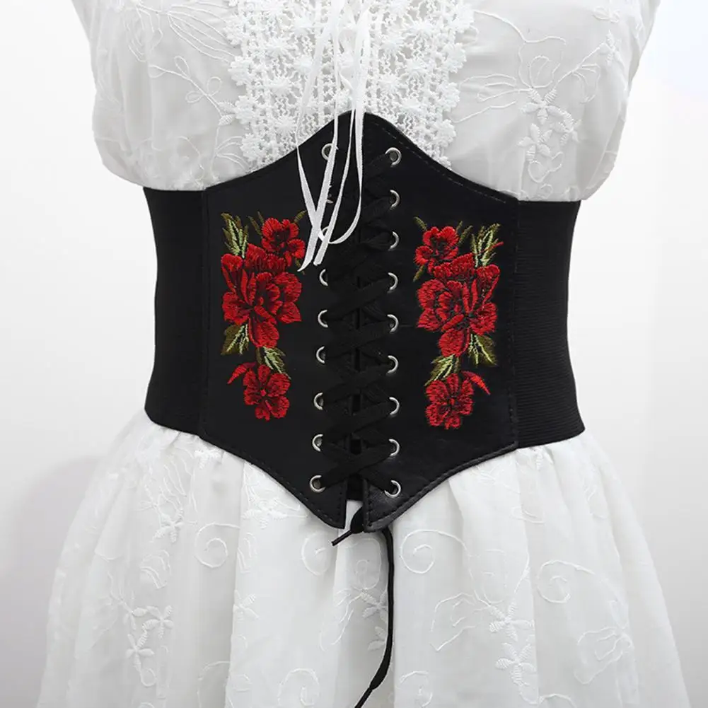 

Waist Cincher Women Bustier Butterflies Embroidery Faux Leather Super Wide Floral Body Shaper Belt Waist Cincher Corset Top
