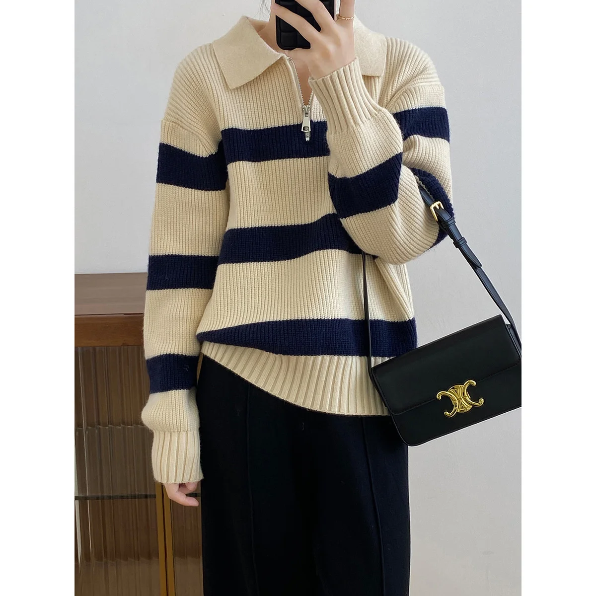 

Women's Stripe Lapel Half Zipper Sweater Winter Loose Polo's Collared Jumper