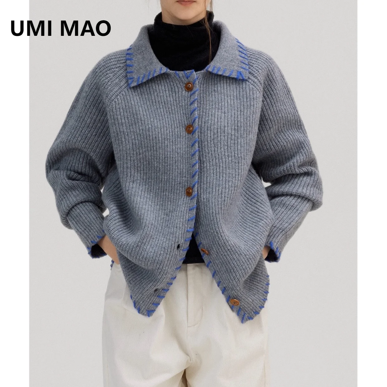 UMI MAO вязаная куртка Исландия синий 650 г высокий вес ручной работы контраст 100