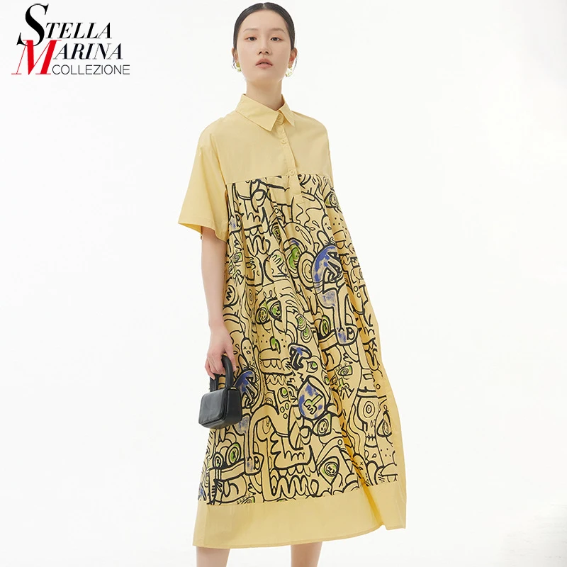 

New 2022 Summer Casual Clothing Woman Yellow White Printed Shirt Dress Short-Sleeved Mid Calf Length Loose Large Size Robe apr22