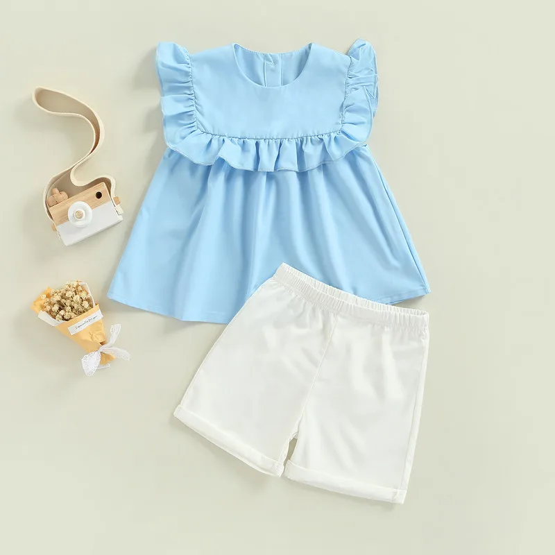 

2Pcs Girls Summer Outfits, Solid Color Sleeveless Ruffled Tank Tops + Elastic Waist Shorts for Kids, 18 Months to 6 Years
