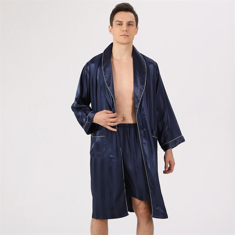 

New Arrival 7XL Print Bathrobe + Shorts Sets Men Kimono Home Faux Silk Pajama Set Long Sleeve Sleepwear Soft Cozy Bath Gown