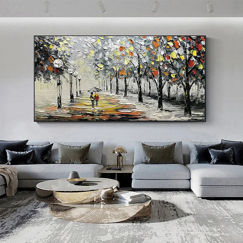 

Hand Painted Oil Painting Bedroom Decoration Abstract Rain Walk Stree Landscape For Home Decoration Canvas Frameless