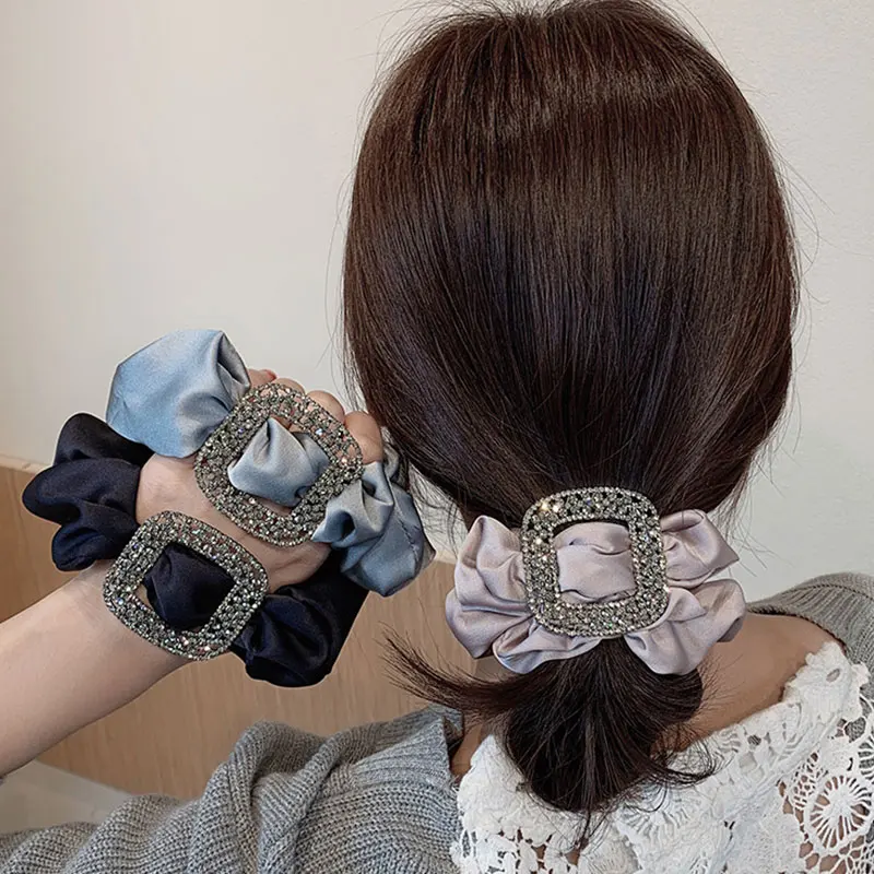 

1PCS Silk Large Intestine Hair Ring Ponytail Head Rope Satin Fabric Elastic Scrunchies Crystal Rhinestone Hair Accessories