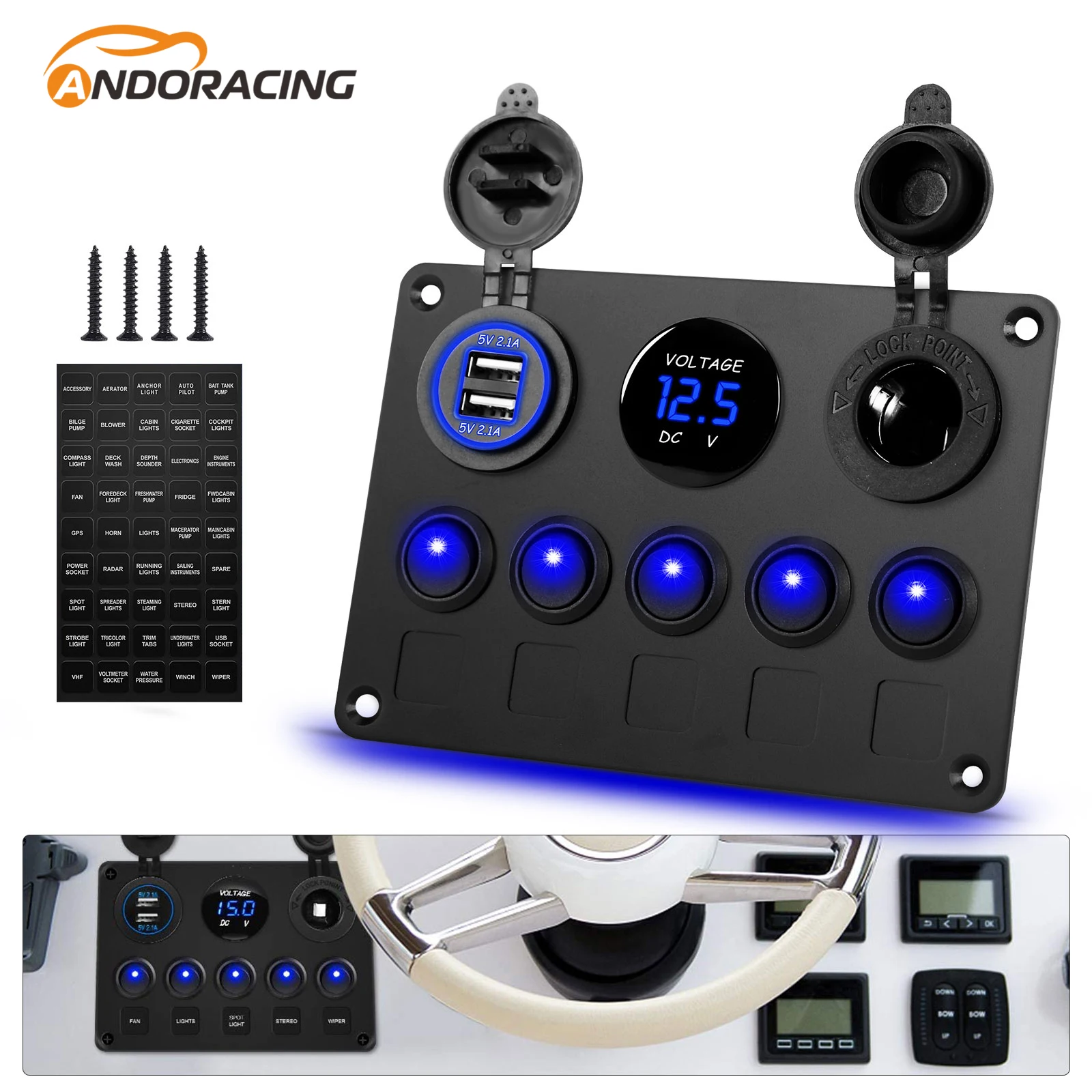 

Digital Dual USB Voltmeter Port 12V Outlet Switch Panel Waterproof Combination Marine LED Rocker 5 Gang for Car Truck Boat