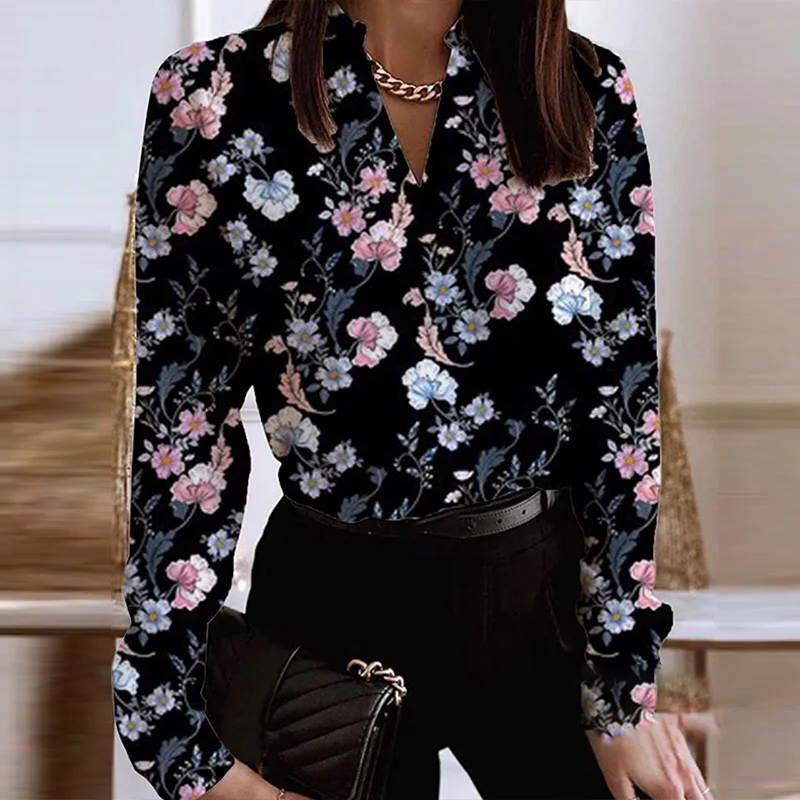 

Vintage Lapel Button Flower Print Blouse Women Stylish Loose Shirt Autumn 2023 Long Sleeve Elegant Lady Tops