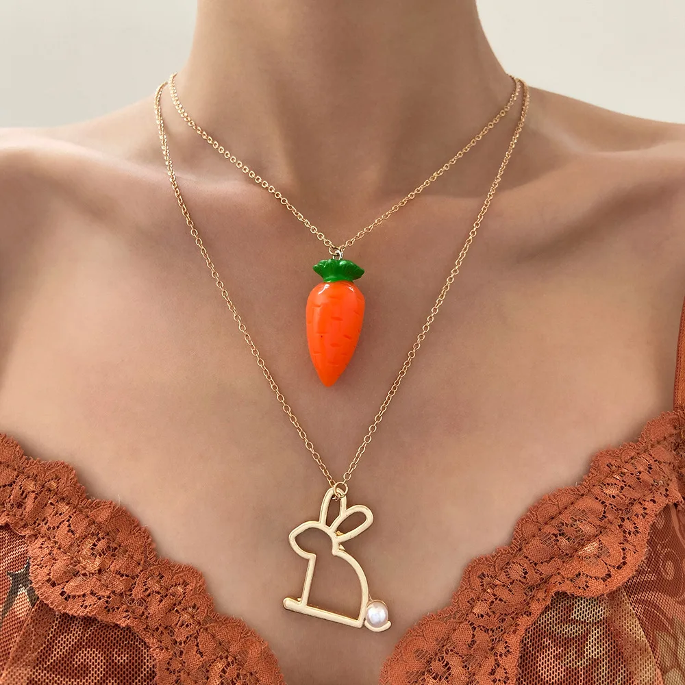 

Radish Bunny Necklace Women Layered Easter Choker Clavicle Chain Cute Pearl Rabbit Tail Kids' Gifts Fashion Jewelry