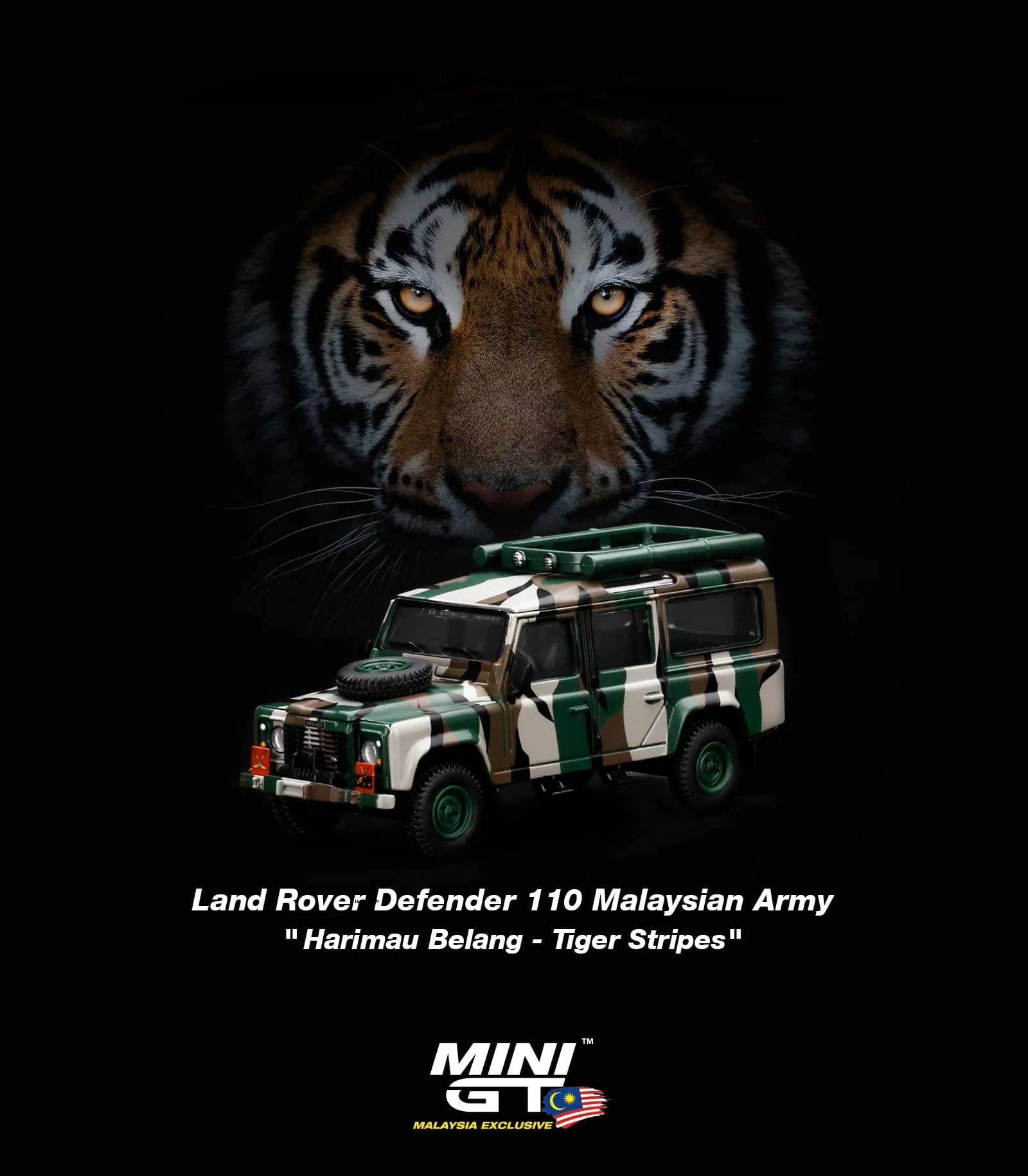 

MINIGT 64 Land Rover Defender 110 Malaysian Army " Harimau Belang" - Malaysia Exclusive MGT00321-R RHD