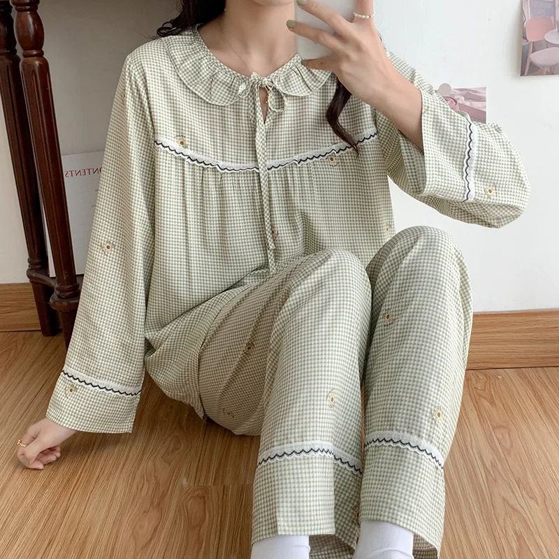 Spring Autumn Long Sleeve Cotton Silk Pajamas Middle School Student Sleep Pullover Pijamas Women