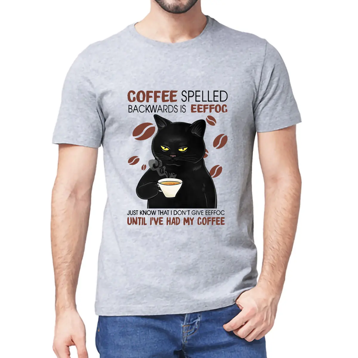 

Unisex 100% Premium Cotton Black Cat Coffee Spelled Backwards Is Eeffoc Funny Cat Coffee Lover Men's T Shirt Vintage Women Tee