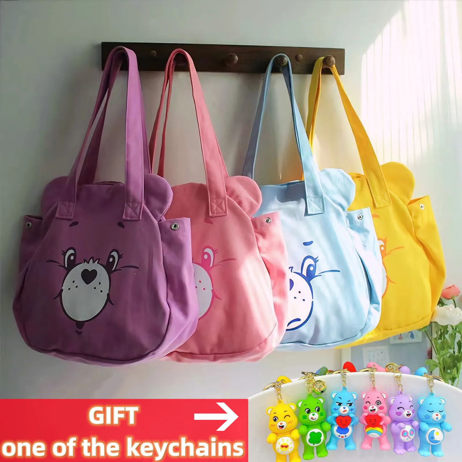 New Anime Peripheral Rainbow Bear Love Bear Canvas Bag Kawaii Shoulder Bag Large Capacity Storage Handbag Couples Children Gift