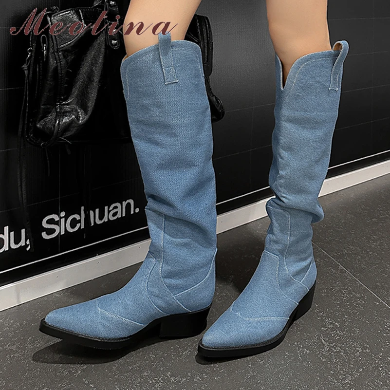 

Meotina Women Knee High Boots Pointed Toe Platform Thick Mid Heels Western Long Boot Ladies Fashion Shoes Autumn Winter Blue 40