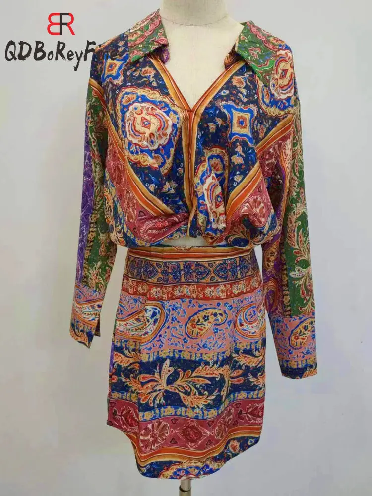 

Women Skirts Sets Elegant Floral Printed Long Sleeve Blouse Mini Bodycon Skirts Sexy Party 2 Pieces Sets Women Outfits Skirts