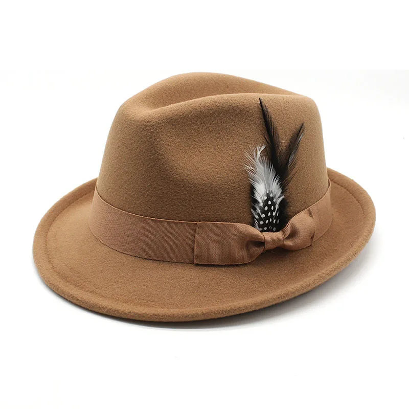

New Feather band Wool Felt Jazz Fedora Hat Women Unisex Wide Brim Panama Party Trilby Cowboy Cap Men Gentleman Wedding Hat