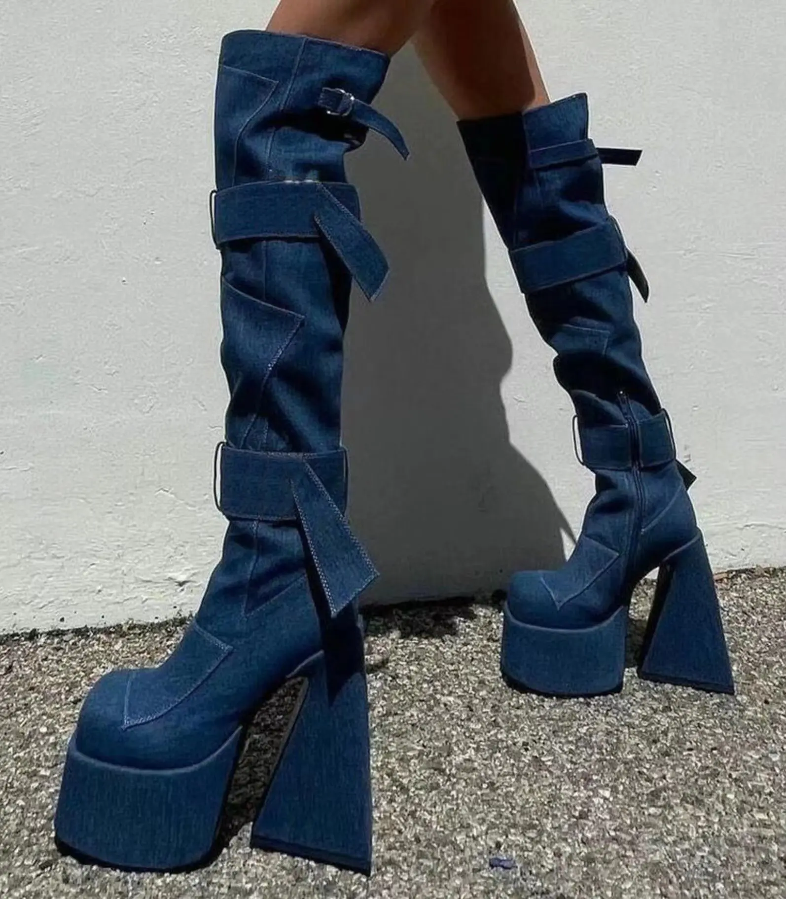 

Womens Denim Jeans Belt Buckle Platform Over The Knee Thigh Boots Super High Heel Shoes Luxury Long Ladies New 2022 Shoes