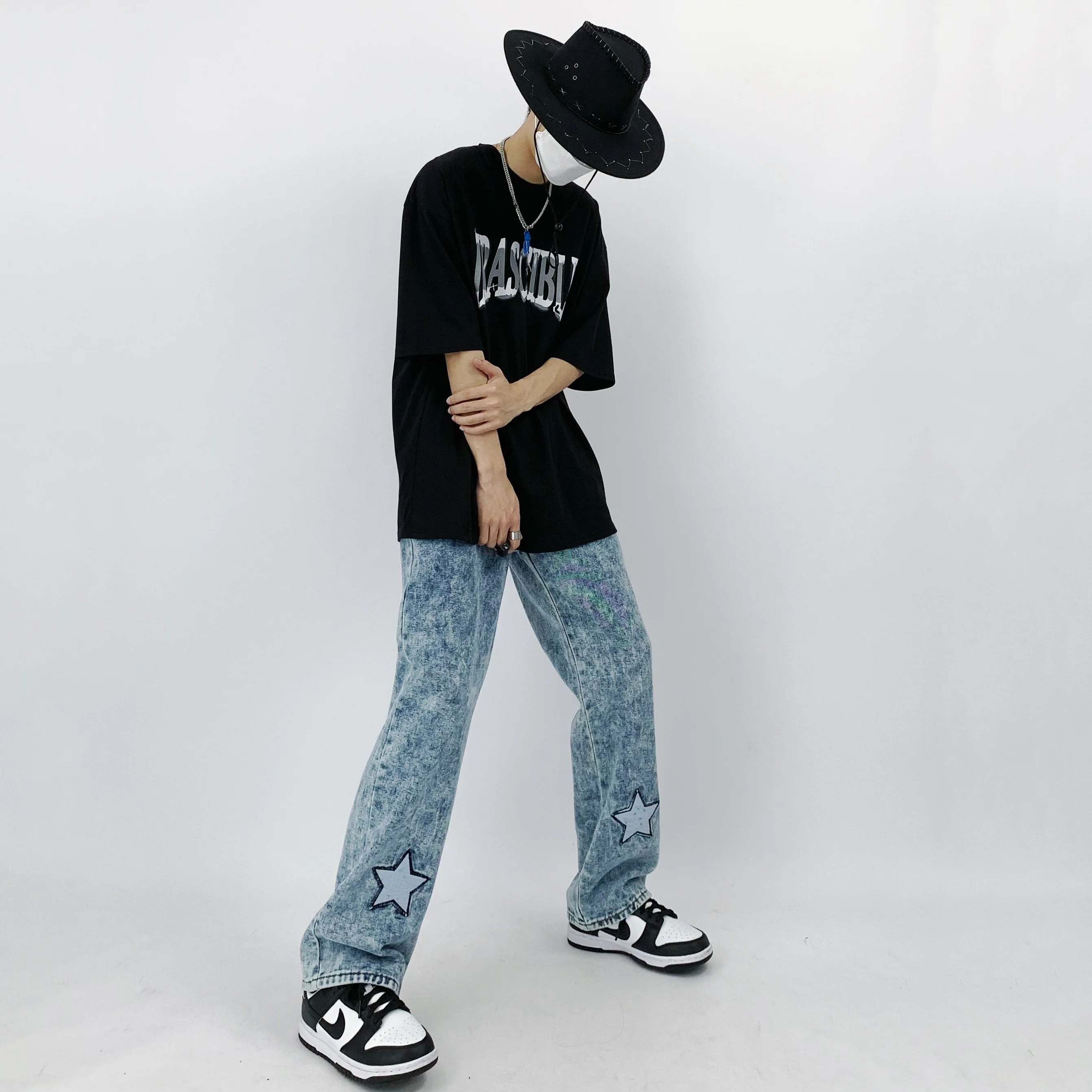 Men's Jeans Ins Snowflake Letter Embroidery Straight Loose Jeans Korean Style Hip Hop Style Jeans Y2k Streetwear Ins Hot Sale