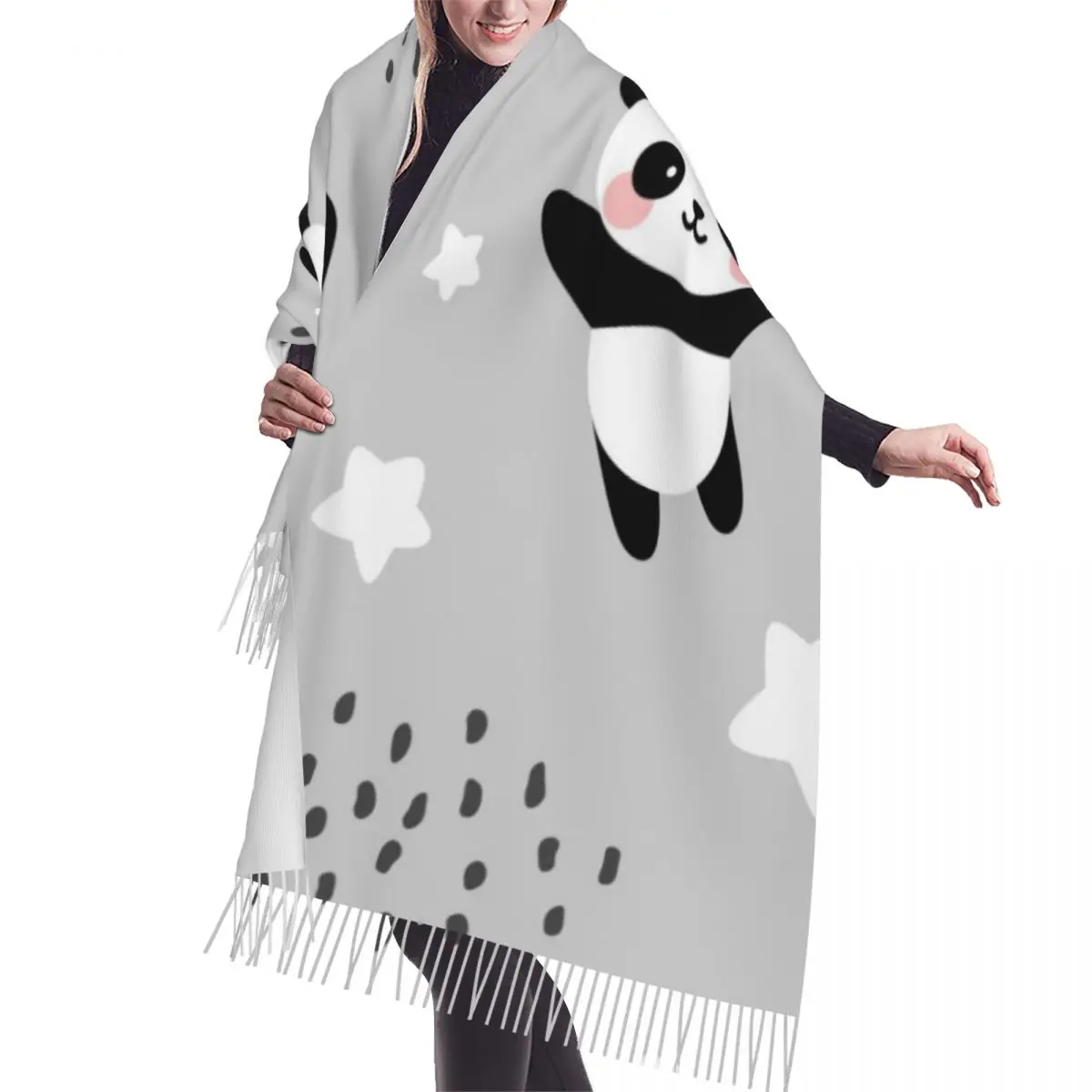 

Winter Tassel Scarf Cute Panda Flying In The Sky Star Women Cashmere Scarves Neck Head Warm Pashmina Lady Shawl Wrap Bandana