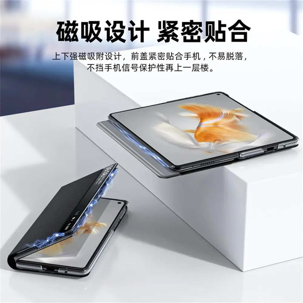 For Huawei Mate X3 Case Luxury Litchi Grain Plain Leather Intelligent Window Folding Shockproof Protection Hard Case Accessories