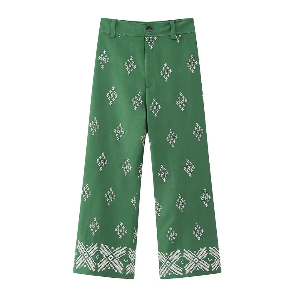 

PB & ZA Women 2023 Summer New Fashion Embroidered Loose Casual Pants Chic High Waist Front Zipper Slim Wide Leg Pants Mujer