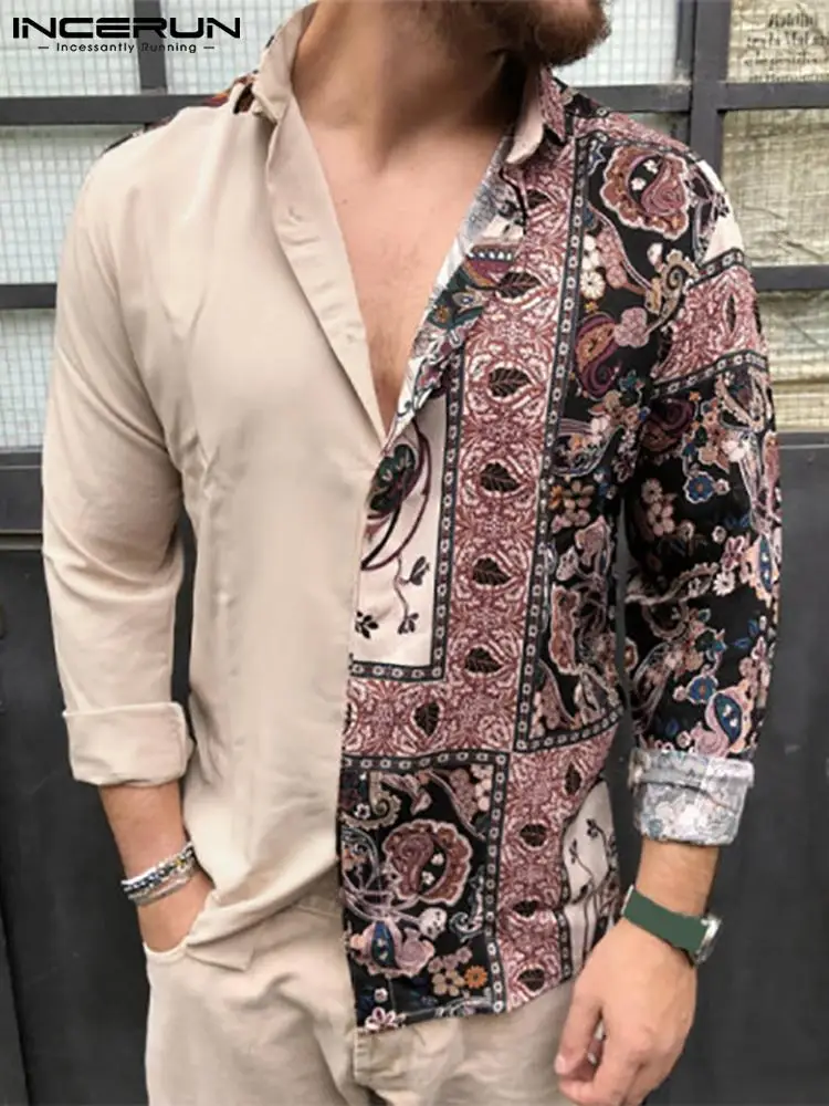 

INCERUN Men Shirt Printed Patchwork 2022 Lapel Long Sleeve Button Casual Men Clothing Vacation Streetwear Fashion Camisas S-3XL