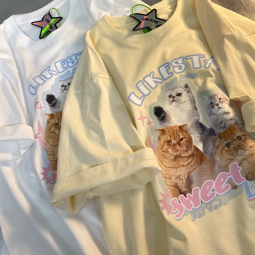 Женская супермилая футболка с котом свободная Милая женская коротким рукавом