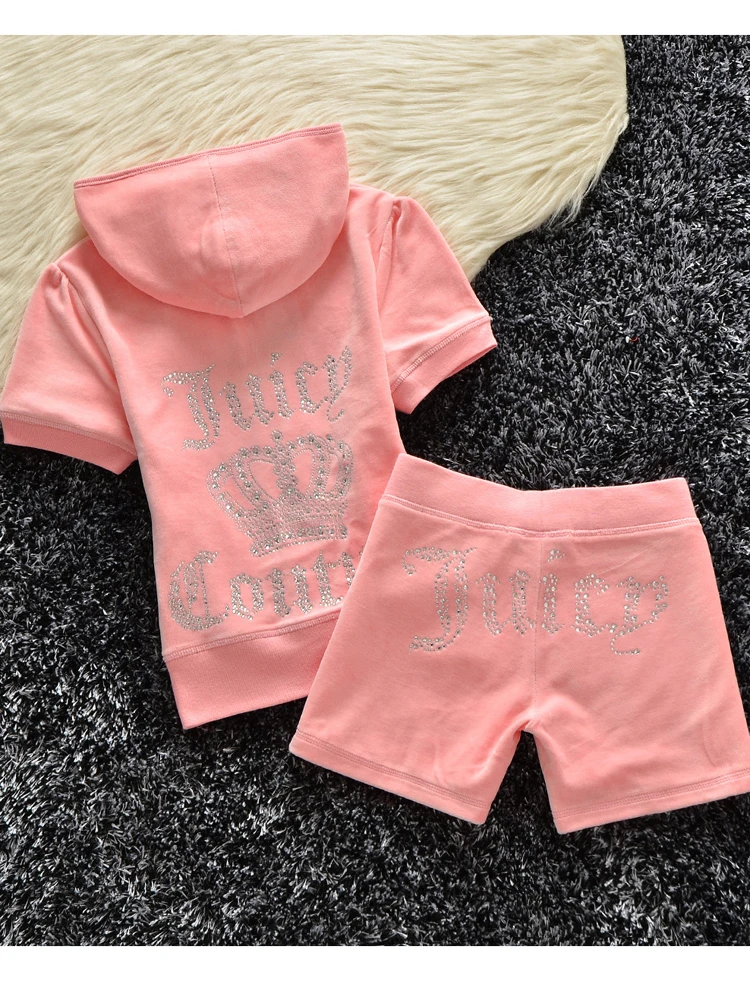 

Juicy Apple Tracksuit 2022 Summer Brand Women Velour Short Sleeve Tops And Shorts Two Piece Set Velvet Sewing Suit Woman Outfit