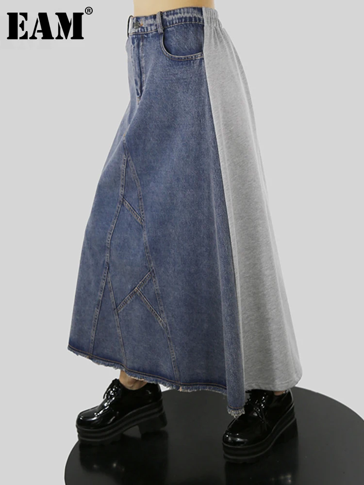 

[EAM] High Elastic Waist Denim Black Asymmetrical Long Color-block Half-body Skirt Women Fashion New Spring Autumn 2022 1DE6079