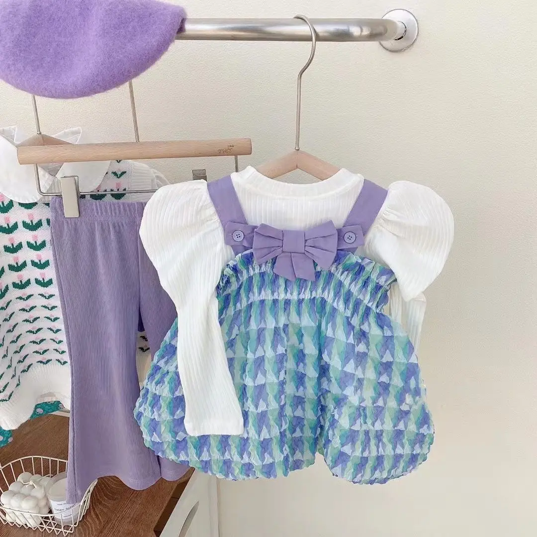 

3Pcs Dress Sets For Girl Fashion Contrast Color Slip Dresses+Long Puff Sleeve White Shirt+High Waist Purple Trouser Kids Clothes