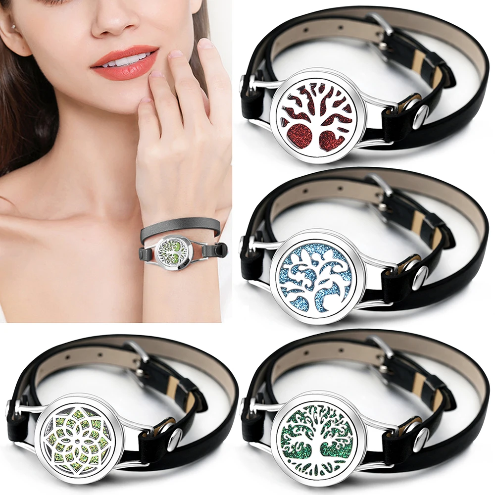 

Tree of Life Aromatherapy Black Leather Bracelet Essential Oil Diffuser Perfume Locket Stainless Steel Sweetheart Bracelet Gift