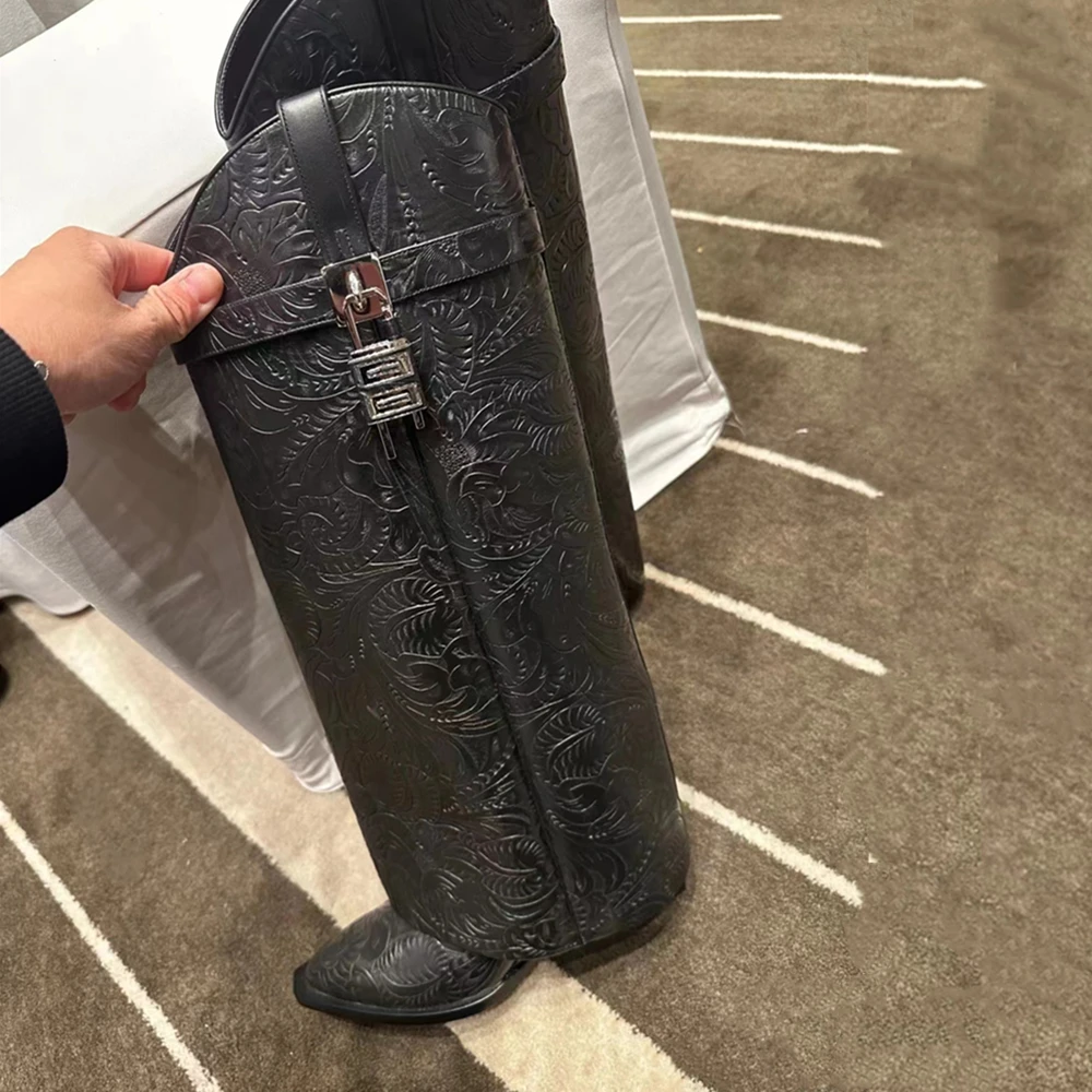 Women's Long Boots Wedge Heel Knee Length Boots Fashion Metal Lock Buckle Printed Totem Square Head High Heels Banquet Pumps