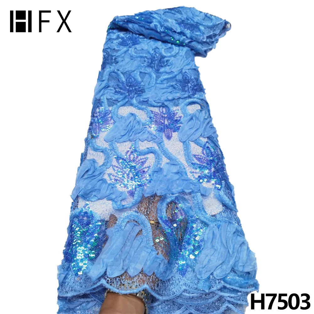 HFX Power-tela de encaje de lentejuelas azules, tejido africano de encaje nigeriano con secuencia, para costura de fiesta y boda, mejor precio, H7503