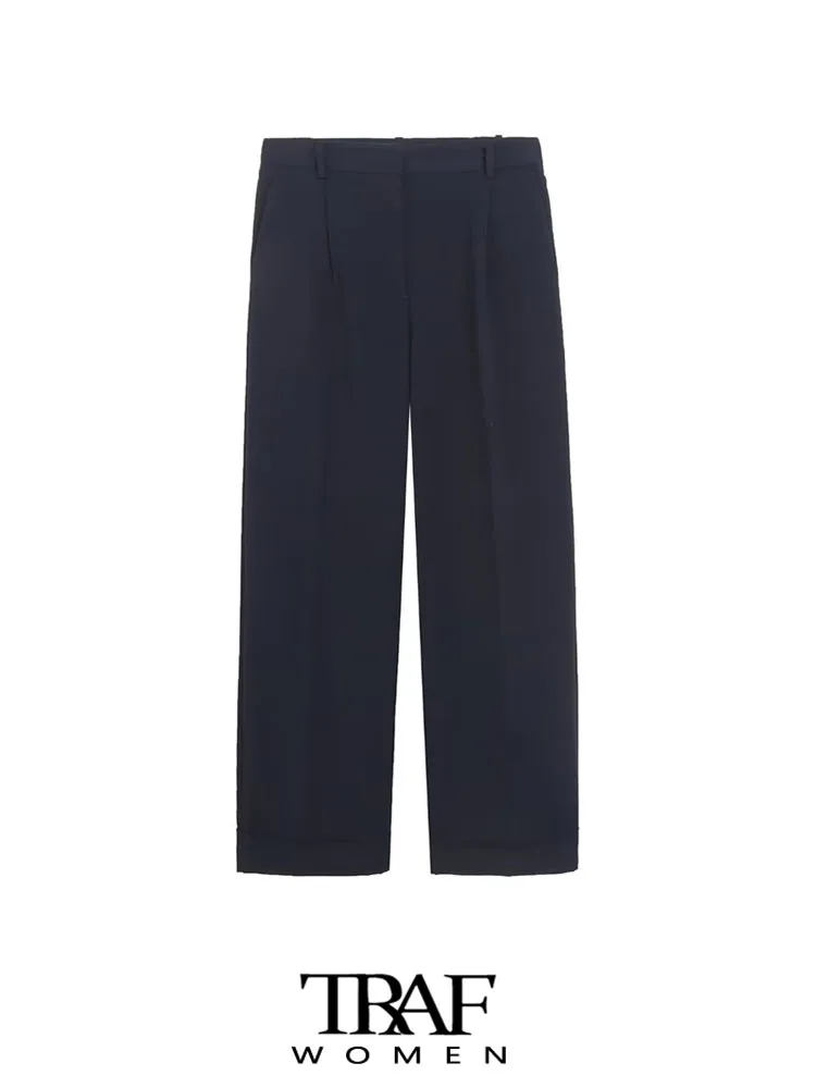 

Брюки женские широкие на молнии с боковыми карманами и высокой талией